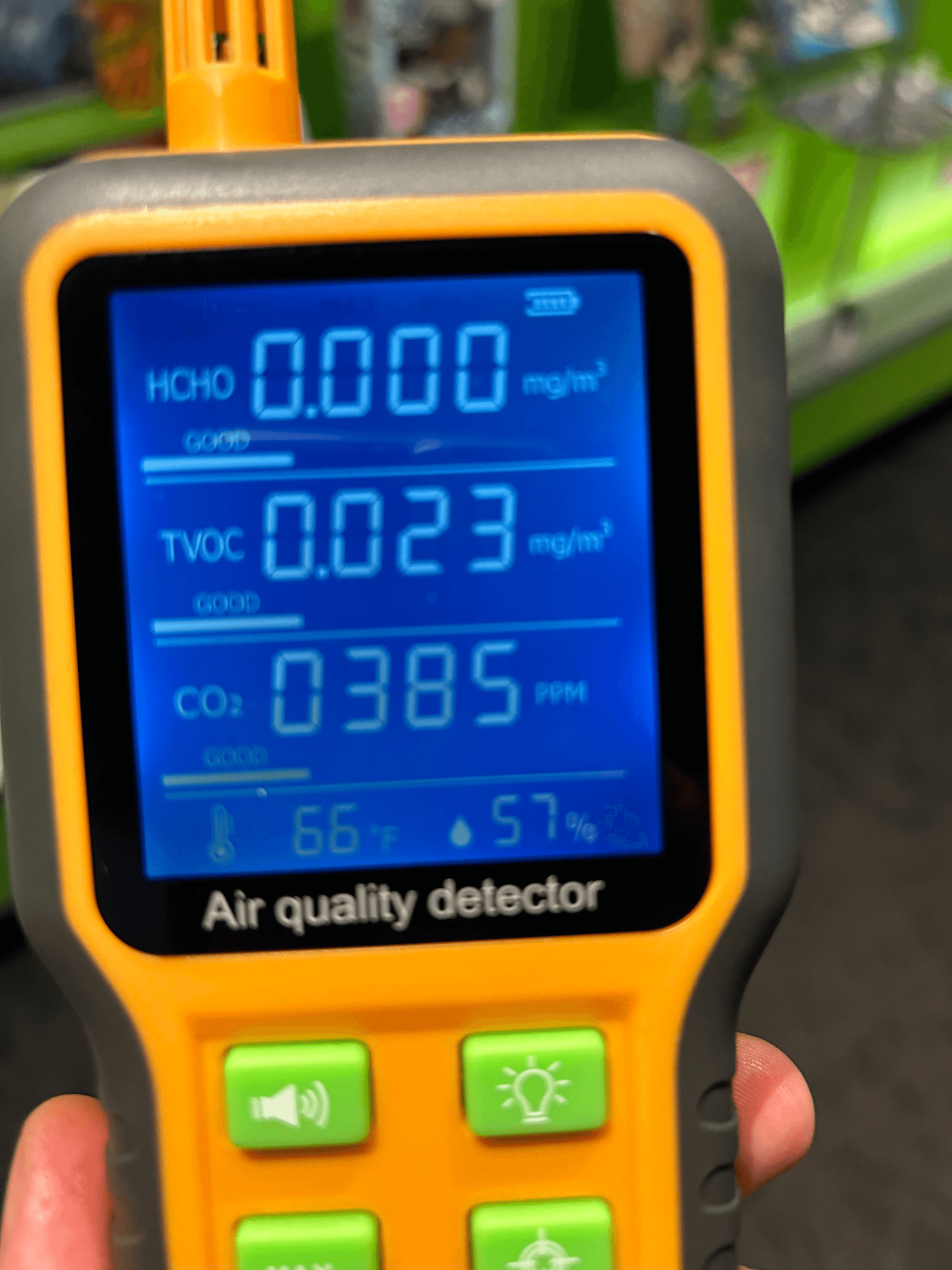 Indoor air quality monitor showing air pollution results