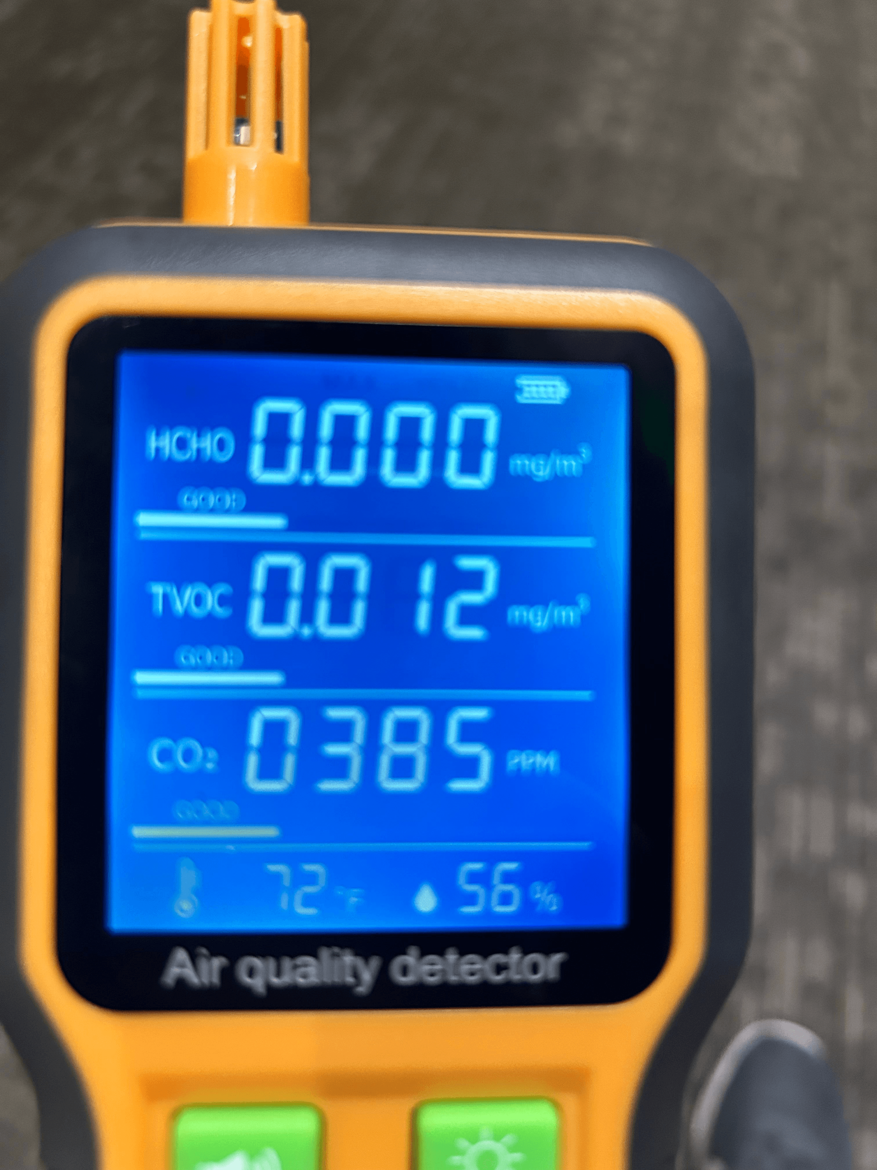 Indoor air quality monitor showing air pollution results